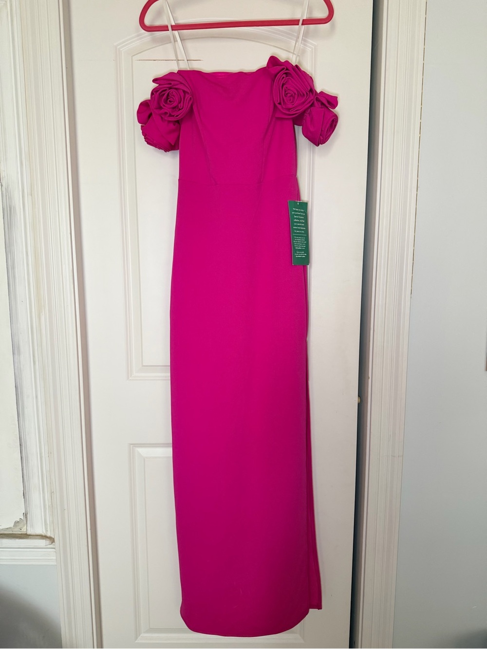 Premier Off-Shoulder Hot Pink Maxi Dress with Rose Appliqués